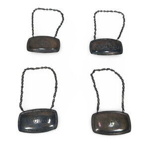 Antique Silver Plate Liquor Bottle Label Tags Whiskey Vodka Gin Scotch Lot of 4